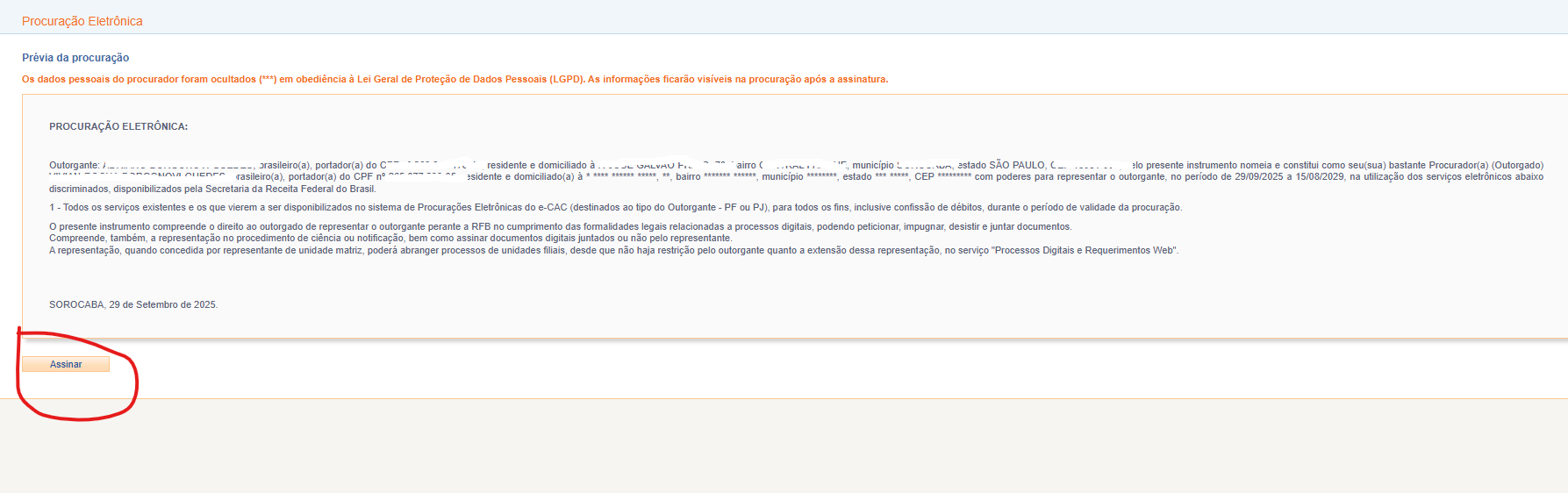 Tela de confirmação